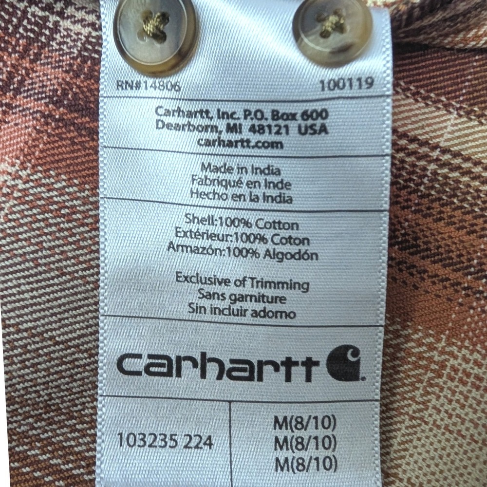 Carhartt Hooded Flannel Shirt Kids Medium 8/10 Brown Orange Plaid Button Up - Picture 4 of 7
